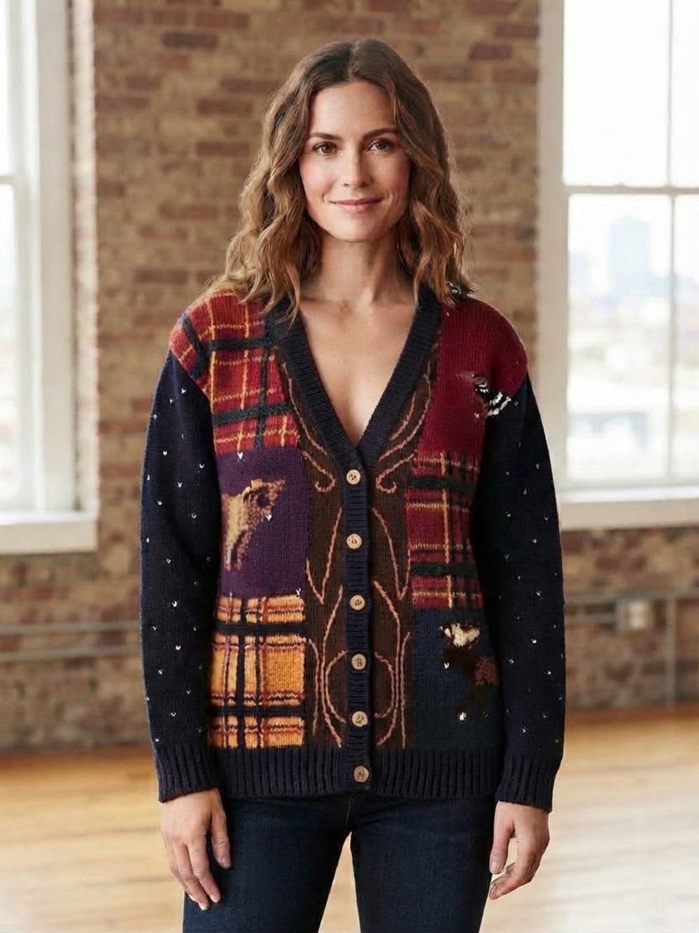 VINTAGE 90s Patchwork Woodland Creatures V-Neck Button Cardigan Sweater
